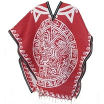 Authentic Mexican Reversible Poncho Blanket – Red & White Aztec Calendar Design