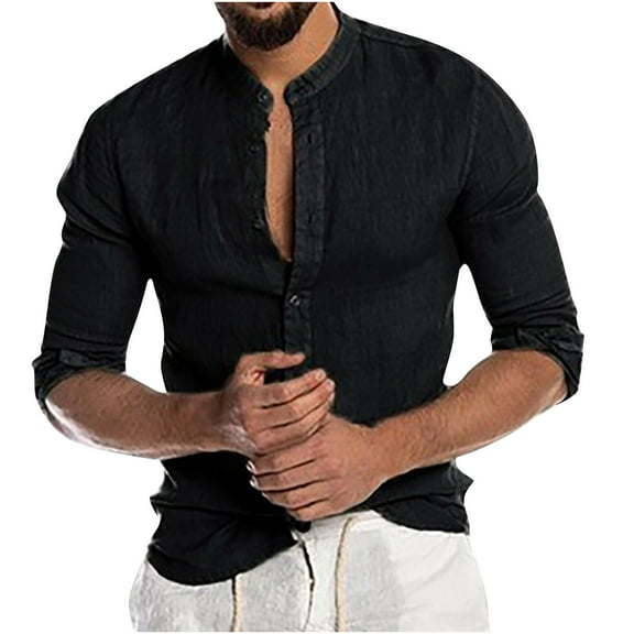 YYDGH Men's Button Down Long Sleeve Shirt Casual Classic Band Neck Untucked Shirt Regular Fit Solid Color Shirts