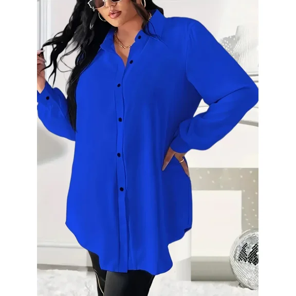 Women's plus-size fashion lapel flowy round swing and solid color long-sleeved button-up top