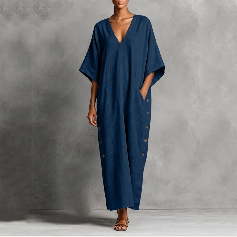 navy blue batwing dress Yangnuo Women's V-Neck Batwing Half Sleeve Linen Maxi Dress, Side Button Detail Loose Casual Dress With Side Pockets Navy S, Size: Small