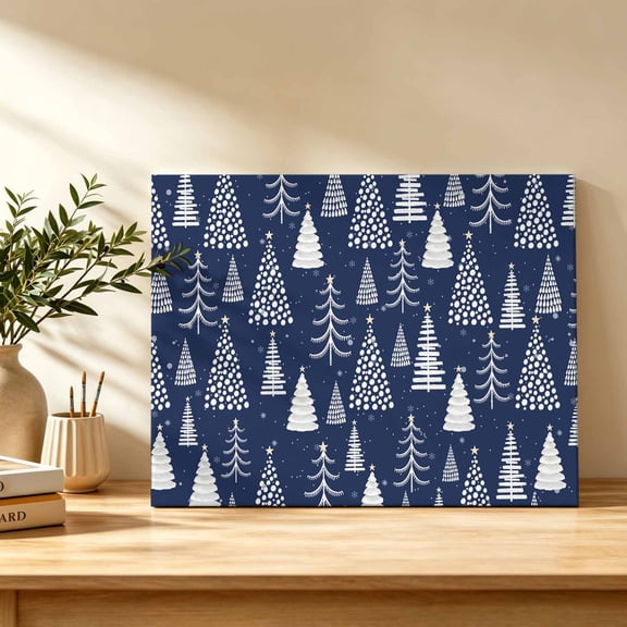 Christmas Winter Canvas Wall Art, Minimalist White Christmas Pine Trees Navy Blue Wall Art Prints Artwork Framed Canvas Ready to Hang Art Pictures for Bathroom, Dressing Table, Entryway 12" x 8"