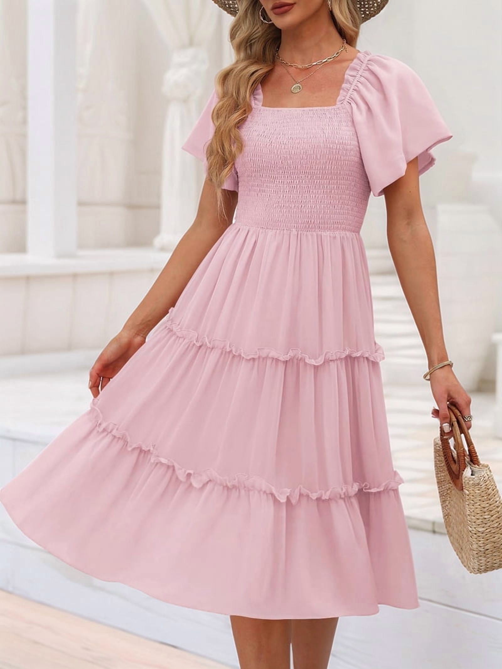 Women'S Summer Casual Flutter Sleeve Square Neck Smocked Midi Dress Pale Pinkish Gray XL