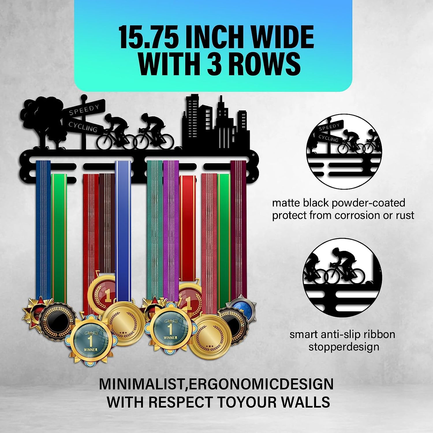 Cycling Medal Hanger Display Competition Medal Holder 3 Lines Sport Award Rack Wall Mount Iron Frame for Over 50 Medals Necklace Jewelry 40x15cm/15.7x5.9inch DIY