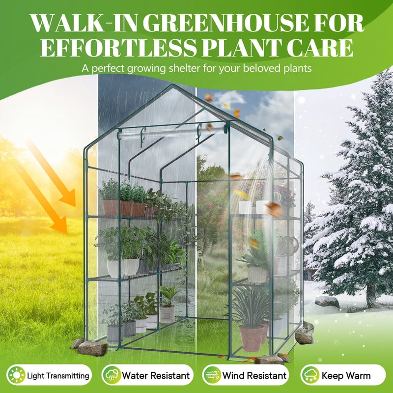 Gianna Mini Walk-in Greenhouse Plant Tent with 5/8" Powder-Coated Steel Frame & 22Lbs Capacity Shelves, Weather-Resistant for Outdoor Gardening, 56.3" x 56.3" x 76.77"，Clear