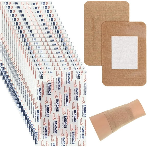 Large Bandages 3 x 4 Inch Wound Care Flexible Adhesive Bandages Latex Free Fabric Bandages for Care and Protect Wounds Large Size for First Aid Wound Care Assorted Bandages (100 Pcs)