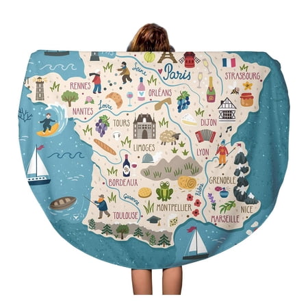 Laddka 60 Inch Round Beach Towel Blanket Map Of France Travel French Landmarks People Food Travel Circle Circular Towels Mat Tapestry Beach Throw