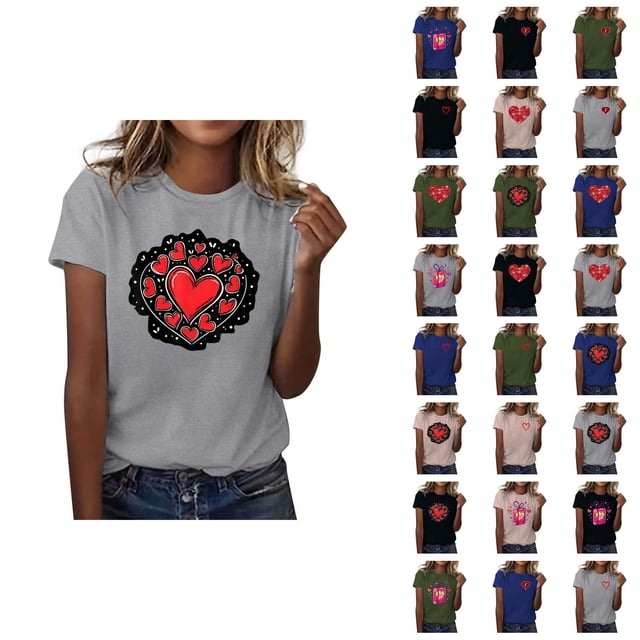 T-shirts de la Saint-Valentin pour Femmes 2026 Mode Manches Courtes Col Rond Cœur Graphique