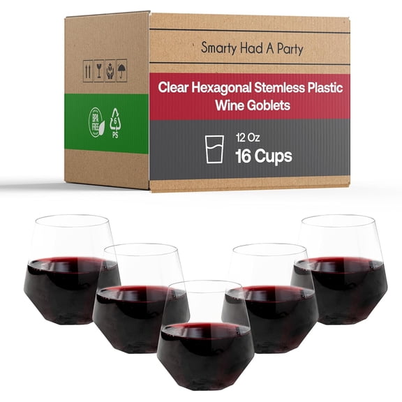 Smarty Had A Party 12 oz Wine Goblets – 16 Clear Stemless Plastic Goblets, Unbreakable Disposable Wine Glasses for Parties & Events