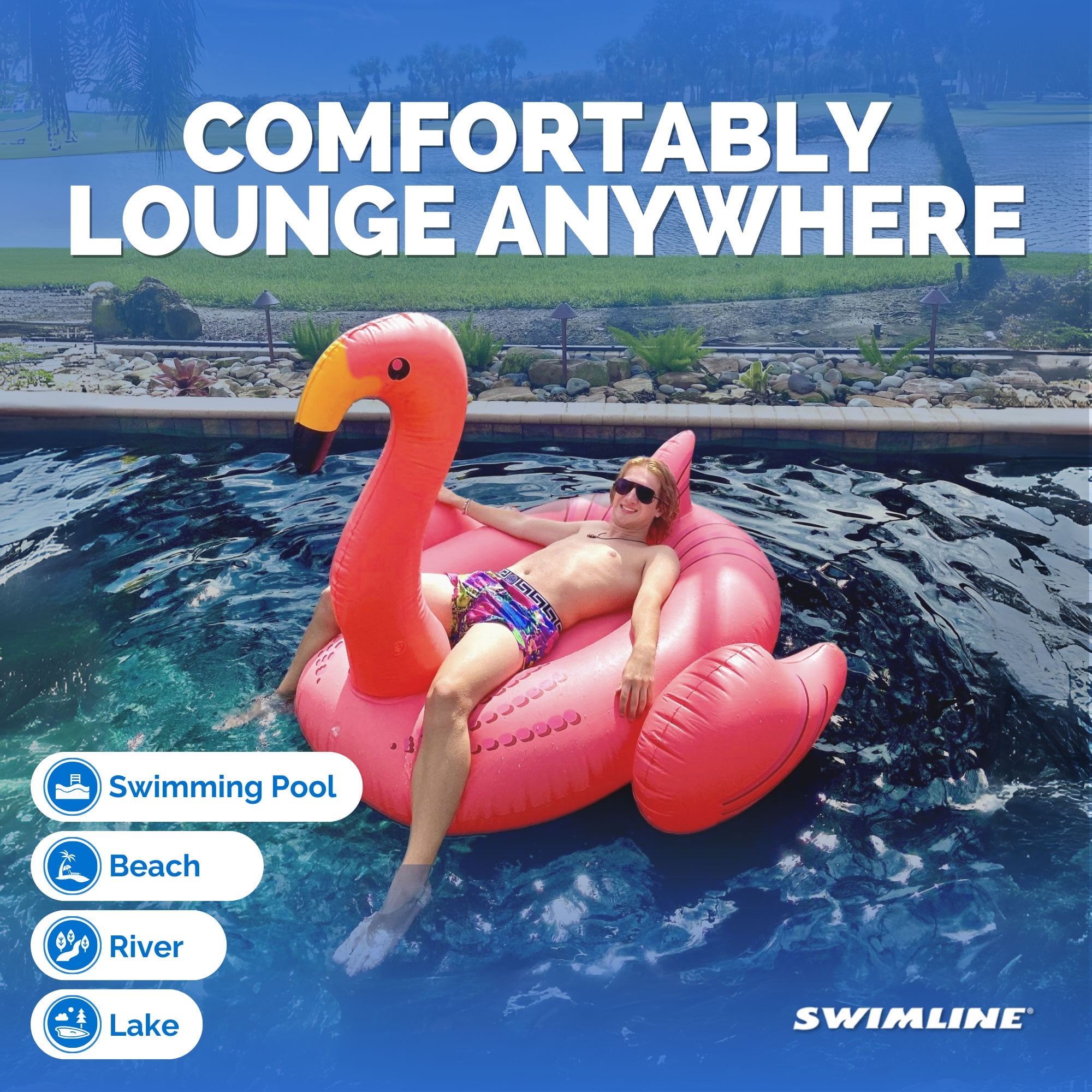 SWIMLINE ORIGINAL 90627 Giant Inflatable Flamingo Pool Float Floatie Ride-On Lounge W/ Stable Legs Wings Large Rideable Blow Up Summer Beach Swimming Party Lounge Big Raft Tube Decoration Toys Kids