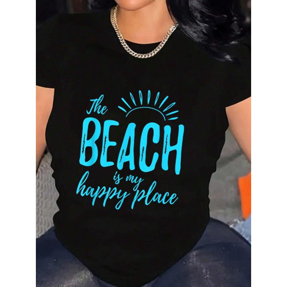 The Beach Is My Happy Place Cruise Summer Family Vacation T-Shirt Graphic Tee summer Tops For Women Round Neck Fashion Cotton shirts