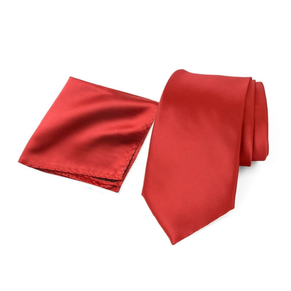 Spring Notion Men's Satin Microfiber Solid Color Tie and Handkerchief Set, True Red