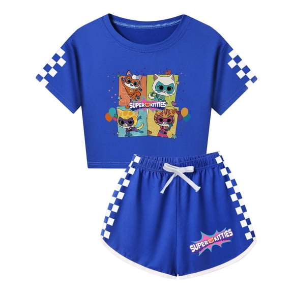 Girls T-Shirt Set Trendy SuperKitties Outfit – Kids 2-Piece Summer Top and Shorts – Cute and Comfy Style