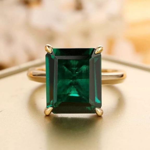 4Ct Emerald Cut Lab-Created Green Emerald Women's Solitaire Gift Ring 14K Yellow Gold Plated