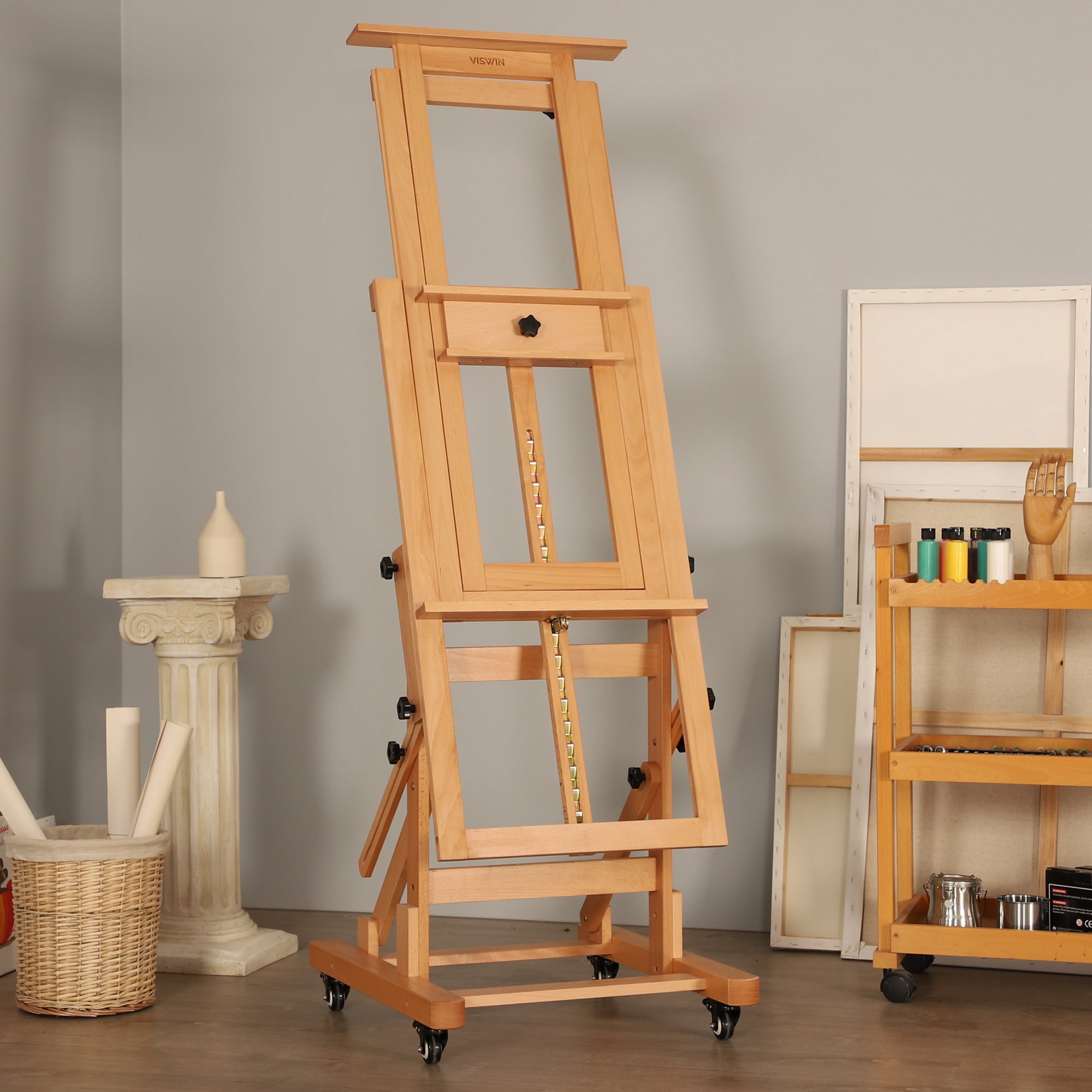 VISWIN Extra-Large Master H Frame Easel, Movable Solid Beech Wood Floor Easel Stand for Painting