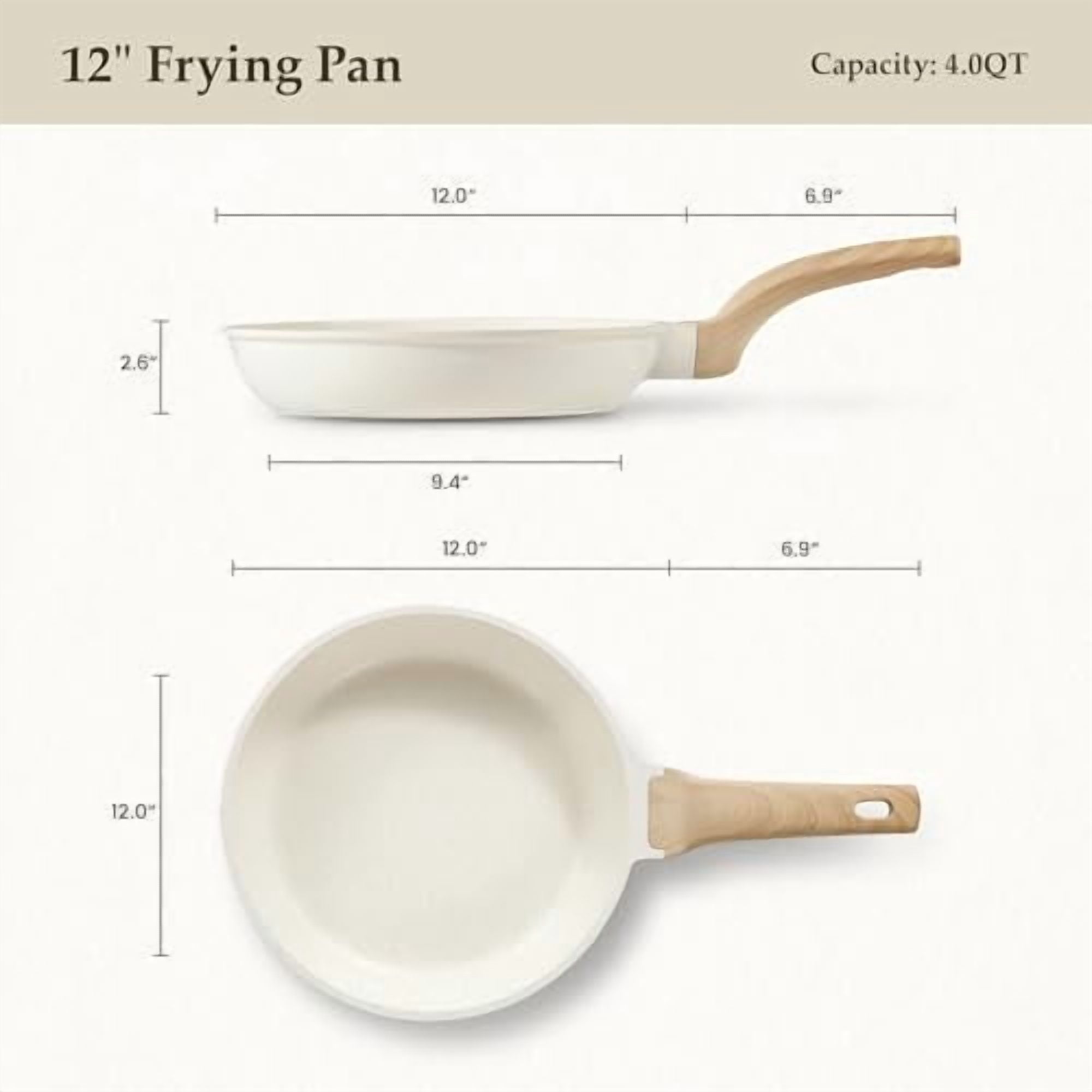 Non Stick Frying Pan Skillet, Omelet Pan, Healthy Non Toxic Granite Chef Pan, Induction Compatible Egg Frying Pan with Heat-Resistant Handle, PFOA-Free, Cream White, 12"