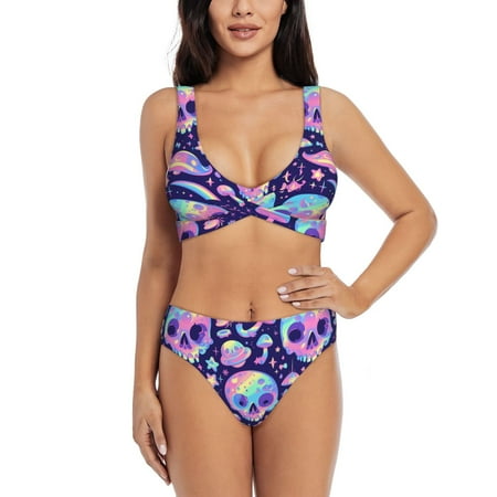 Zeuib crystal Skull mushroom High Waisted Tummy Control Bikini Set - Knot Front Push Up Top & Cheeky Thong Bottom  Two-Piece Swimsuit for Women-X-Large
