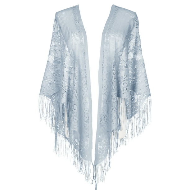 Chales y envolturas INSPIRE CHIC para vestidos de noche, bufandas triangulares de malla de encaje con flecos y borlas para mujeres en bodas y fiestas formales 74.8x28.3" Gris
