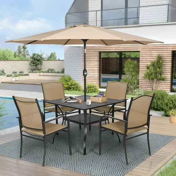 SOLAURA 6-Piece Outdoor Patio Dining Set with Umbrella, Patio Furniture Set with Textilene Chairs, Metal Square Dining Table and Brown Umbrella for 4 People, Khaki