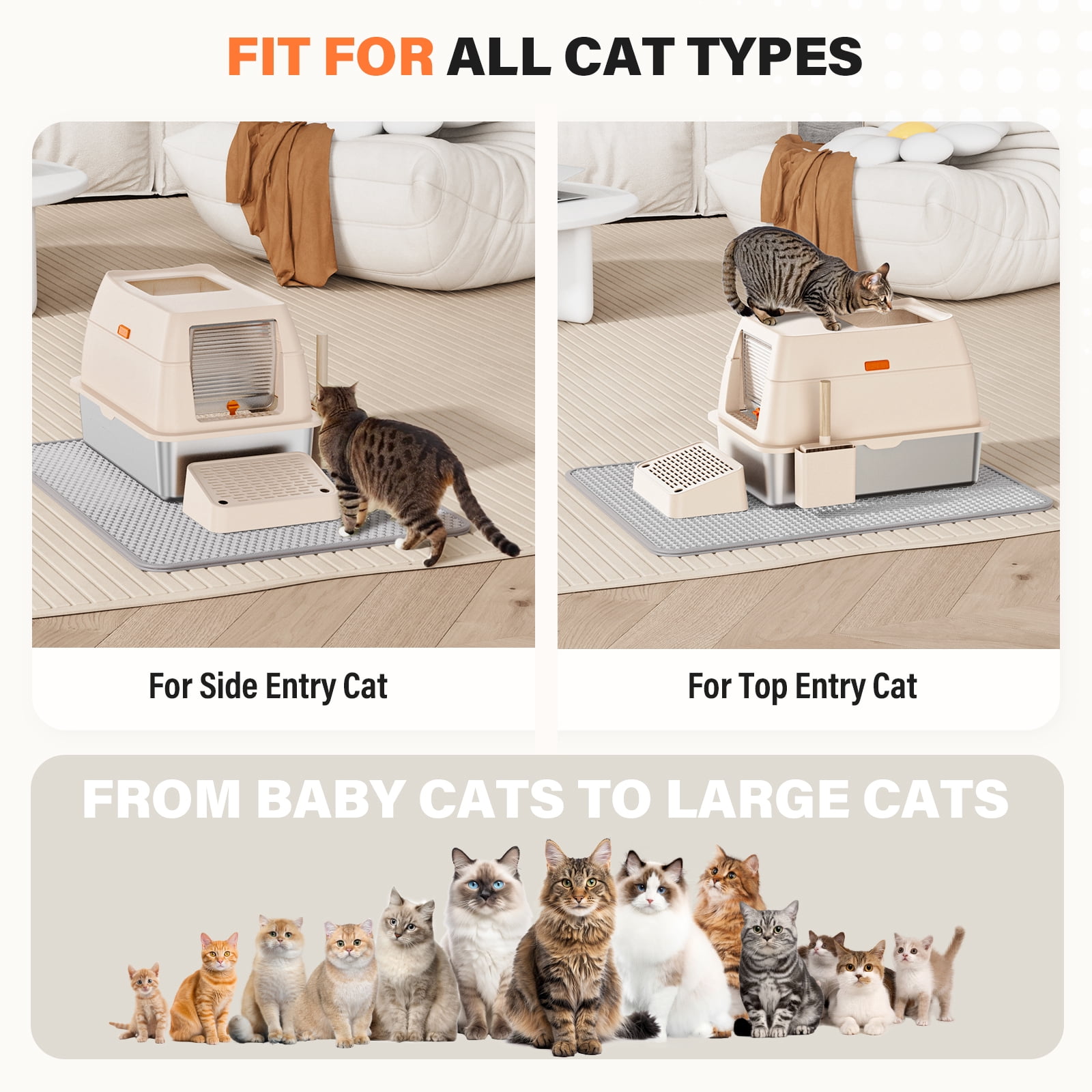 Removable Stainless Steel Cat Litter Box with lid, Front & Top Entry Kitty LitterBox，Cat Litter Box Enclosure, XL Extra Large High-Sided Metal Cat Box with Scoop,Mat,Footboard (Cream)