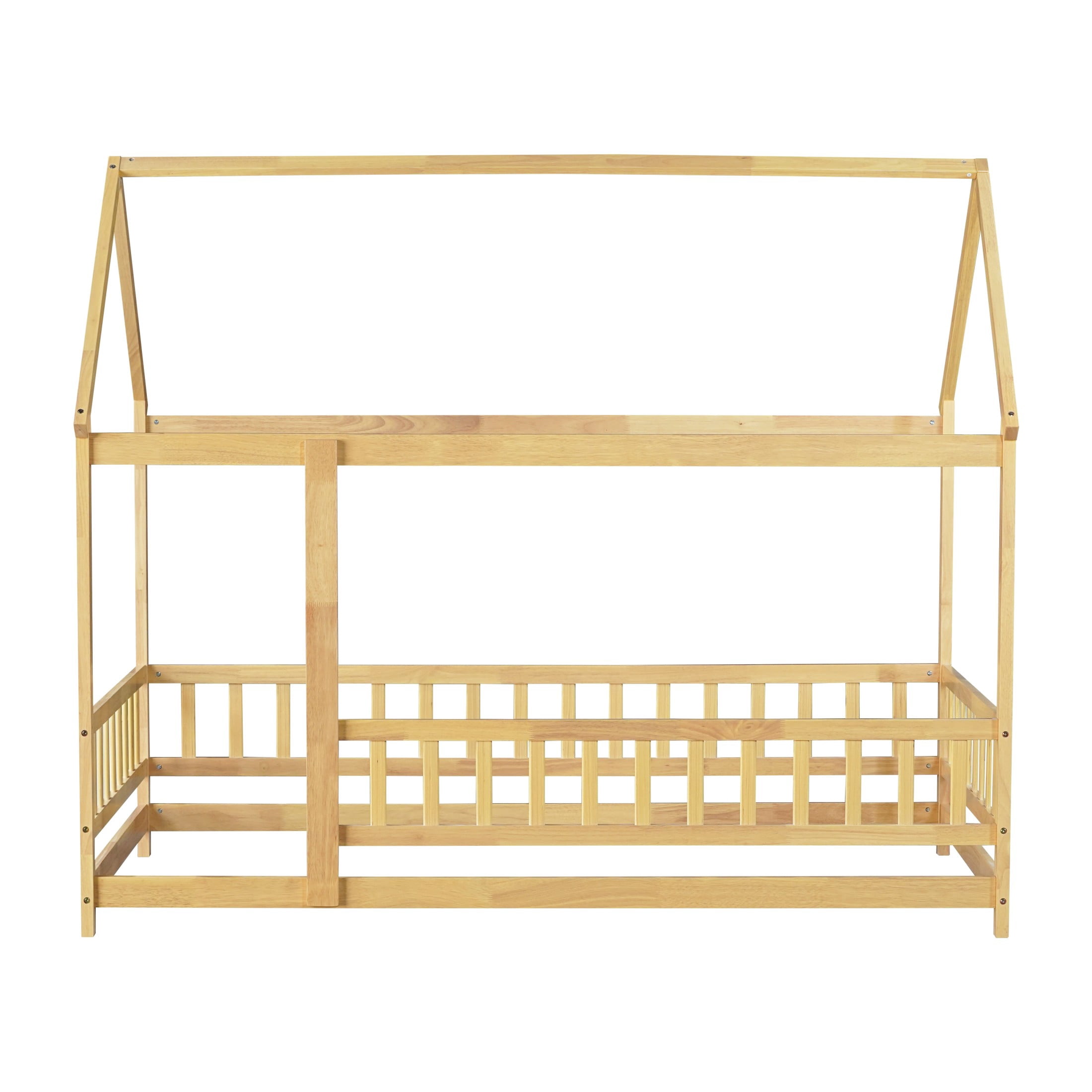Noble House Travis Twin House Floor Bed with Roof Frame and Safety Fence, Sturdy Wood Montessori Bed, Natural