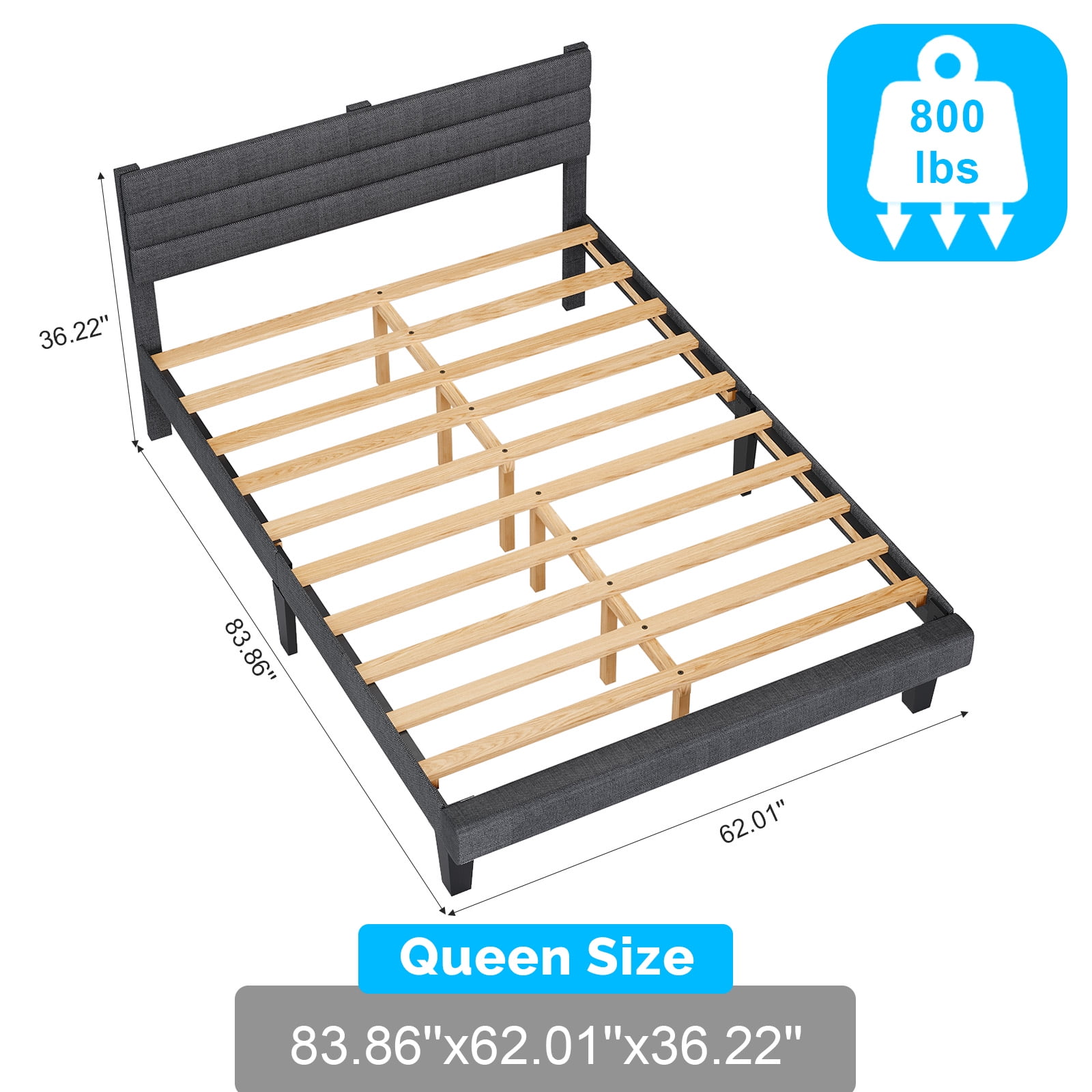 Zimtown Queen Platform Upholstered Bed Frame with Soft Adjustable Headboard, Wooden Mattress Foundation,No Box Spring Needed, Dark Gray