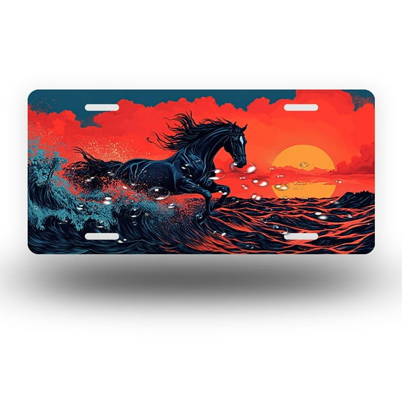 License Plate,Black Horse at Sunset by Waves Decorative Front,Personalized Stainless Steel License Plate Cover For Men Women,12.2" X 6.2"
