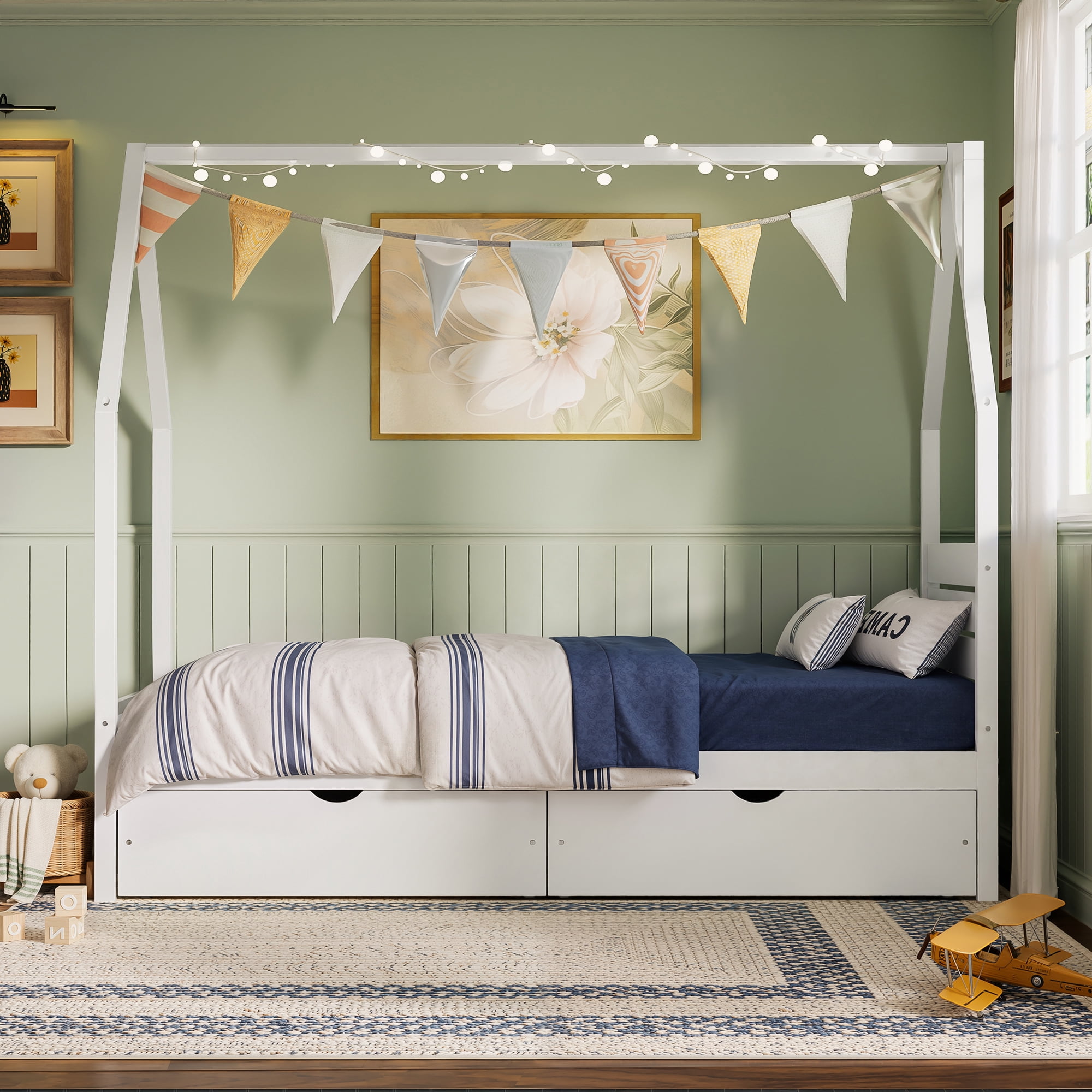 Mintazer Twin Kids House Canopy Platform Bed with 2 Storage Drawers, Montessori Bed with Headboard for Bedroom, White