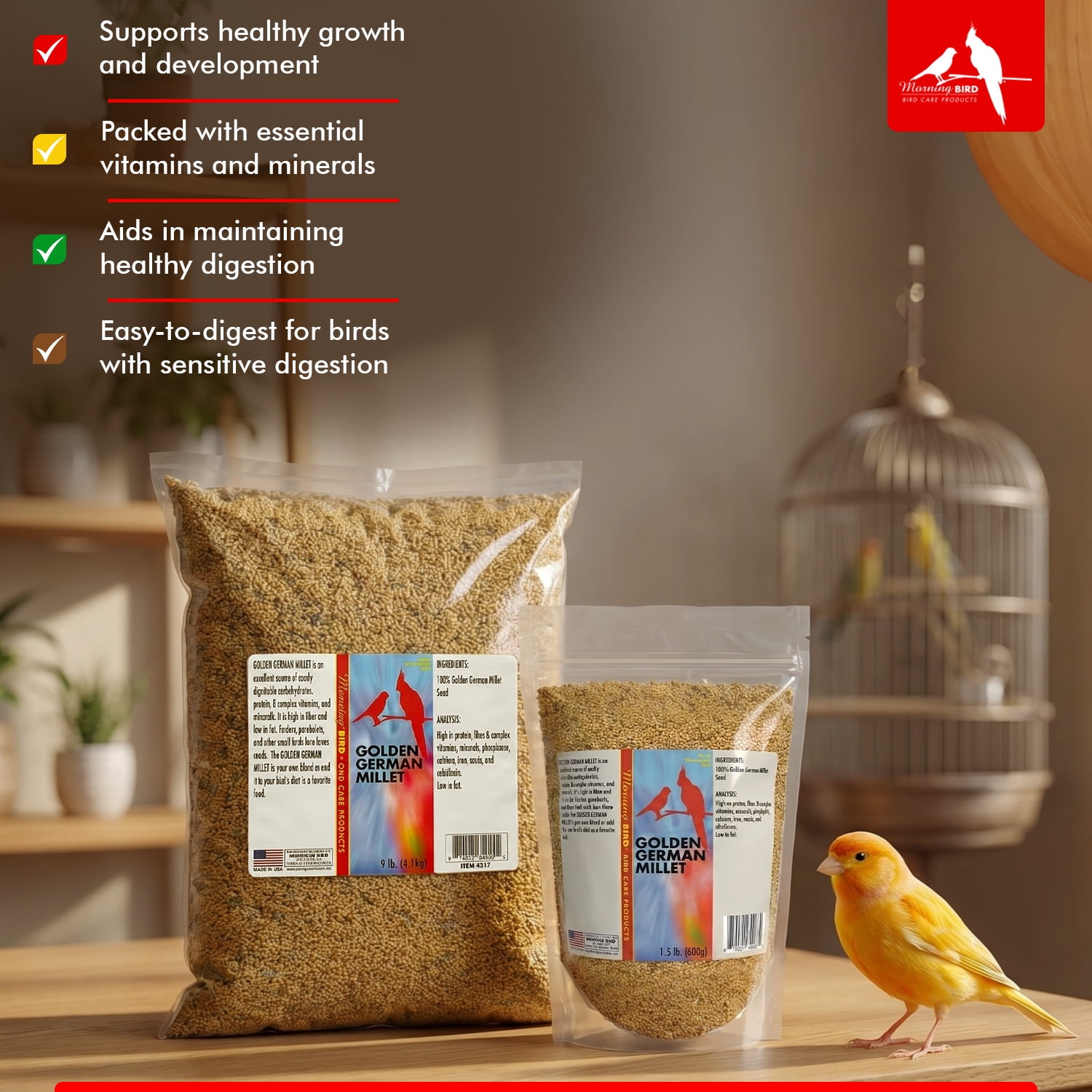 Morning Bird Golden German Millet 9 lbs – Bird Food for Parakeets, Finches & Canaries – Natural Millet Seed for Daily Nutrition
