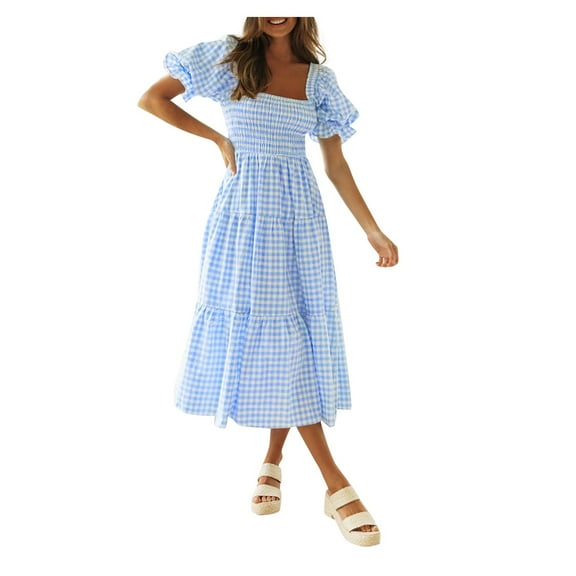 Womens Dresses Bohemian Summer Plaid Puff Sleeve Ruffle Flowy Beach Midi Dress