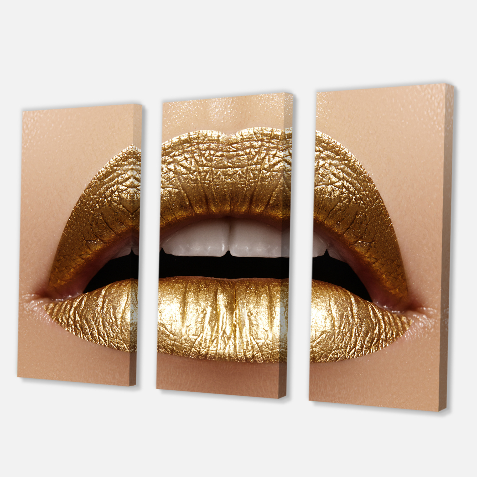 Designart ' Close Up of Woman Plump Lips With Golden Lipstick ' Modern Canvas Wall Art Print