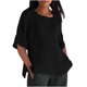 thumbnail image 3 of Manga larga blanca,Blusa de cuello redondo de color liso para mujer, túnica holgada de media manga, mezcla de algodón y lino, camisa informal de trabajo, sopatenor, 3 of 9