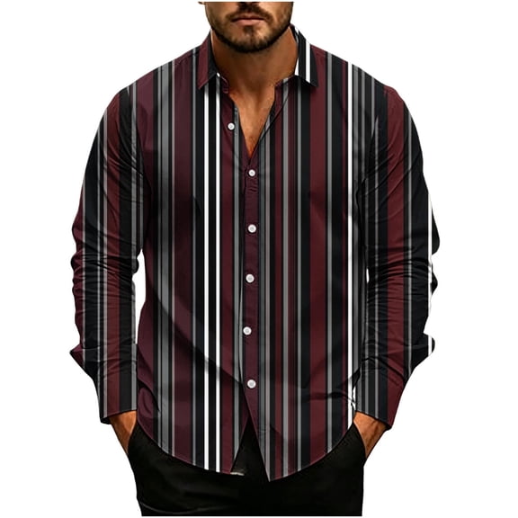 TOUMENY Men's Casual Button Down Shirts Long Sleeve Striped Print Slim Fit Shirt Fashion Dressy Party Vacation Tops Black L