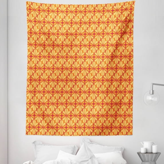 Orange Tapestry, Geometric Grid Design with Floral Motifs Modern Design Warm Colors, Fabric Wall Hanging Decor for Bedroom Living Room Dorm, 5 Sizes, Vermilion Orange, by Ambesonne