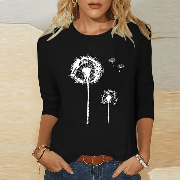 LYEAA Women 3/4 Length Sleeve Casual T-Shirt Soft Cotton Round Neck Solid Color Top Stretchy Comfortable Loungewear Basic Tee for Daily Wear Black XXL