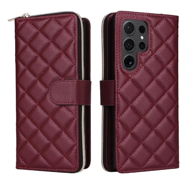 Quilted Wallet Phone Case with Strap & Stand for Samsung Galaxy S24 Ultra Zippered Card Holder Red