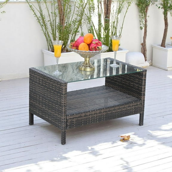 Gzxs Outdoor Coffee Table Wicker Patio Rattan Tea Table with Glass Top and Storage Open Shelf, 34.6"L x 20.5"W x 17.7"H, Brown