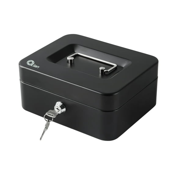 Cajon de dinero Qian QOC-143SK Bandeja removible 5 compartimentos para billetes y monedas, metal con asa para transportar, cerradura con llave