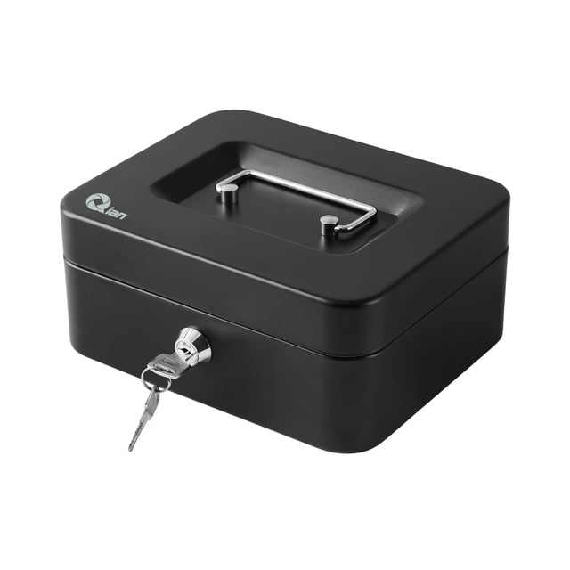 Cajon de dinero Qian QOC-143SK Bandeja removible 5 compartimentos para billetes y monedas, metal con asa para transportar, cerradura con llave