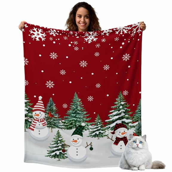 Christmas Flannel Blanket for Bed,Travel and Camping, Snowman Christmas Tree Forest Winter Snow Red Super Soft Cozy Blanket for All Seasons 60"x80"
