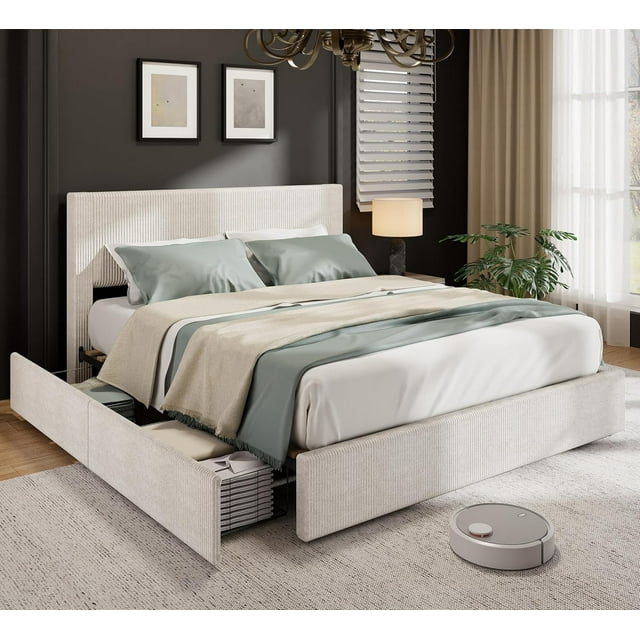 Twister.CK King Size Bed Frame with Tufted Headboard, Upholstered Platform Bed Frame with 4 Storage Drawers and Wooden Slats Support, No Box Spring Needed, Beige
