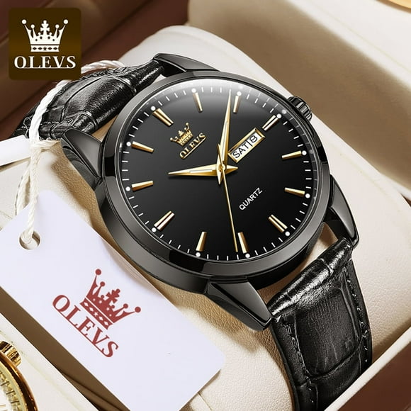 OLEVS Black Mens Leather Watches Analog Quartz Watch With Date Big Black Face Waterproof Men's Wrist Watches Fashion Casual Dress Watches For Men Luminous Hand Watch Durable Business Dress Watch