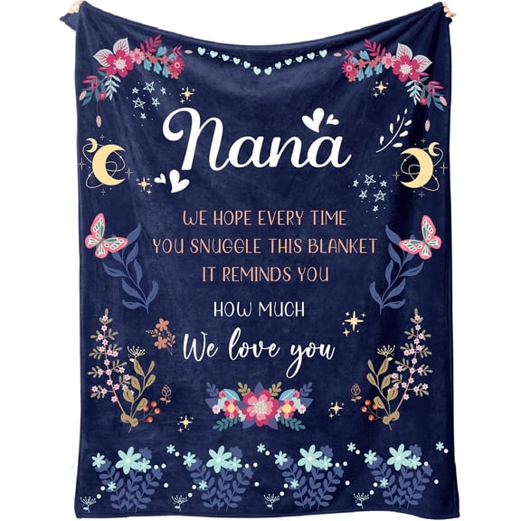 Nana Gifts on Christmas, Nana Birthday Gifts from Grandchildren, Flower Blankets for Nana, Gifts for Nana Grandma on Mothers Day Xmas, Soft Flannel Blankets 50" x 60" (Navy Blue)