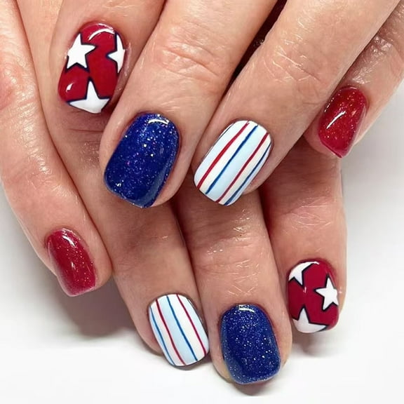 Independence Day Press on Nails French Tips Fake Nails 4th of July Patriotic False Nails Full Covers Acrylic Nails