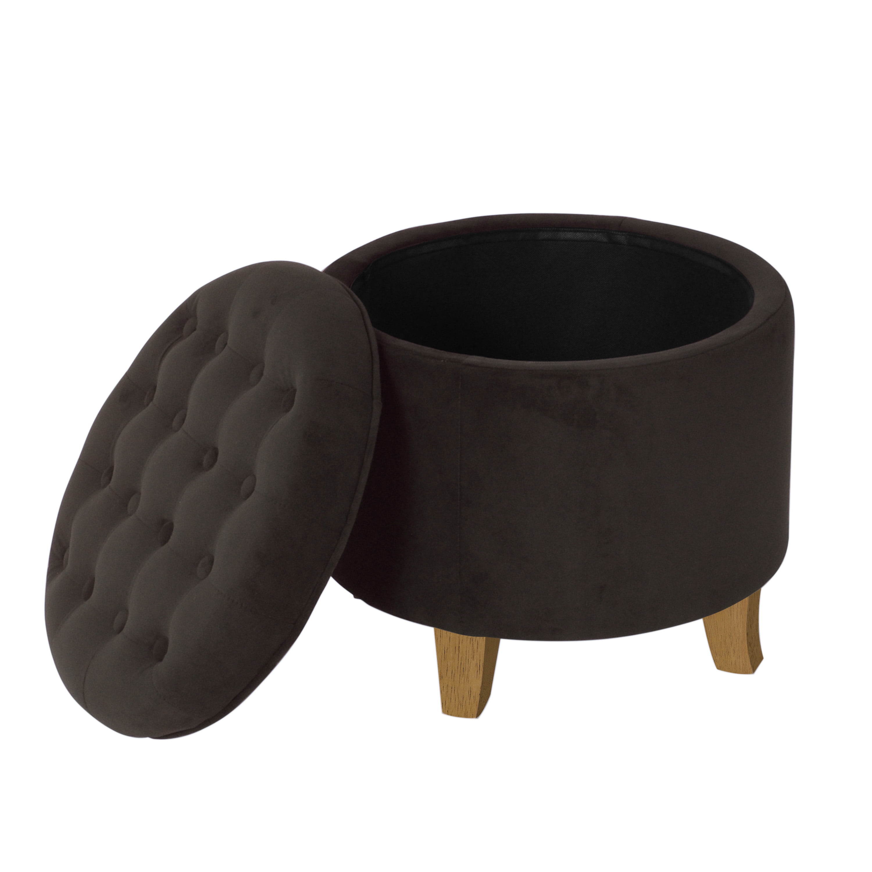 HomePop Small Round Button Tufted Storage Ottoman, Chocolate Brown Velvet