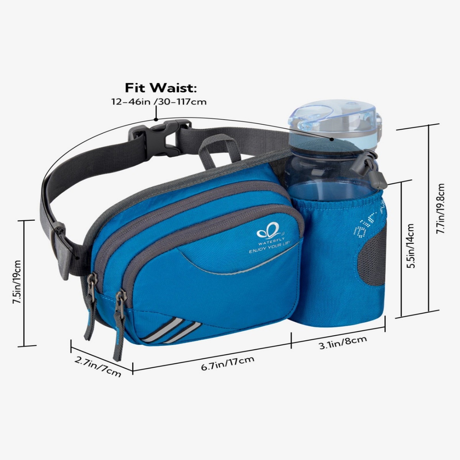 WATERFLY Unisex 3.5L Nylon Fanny Packs with a Water Bottle Holder Travelling Hiking Walking,Blue