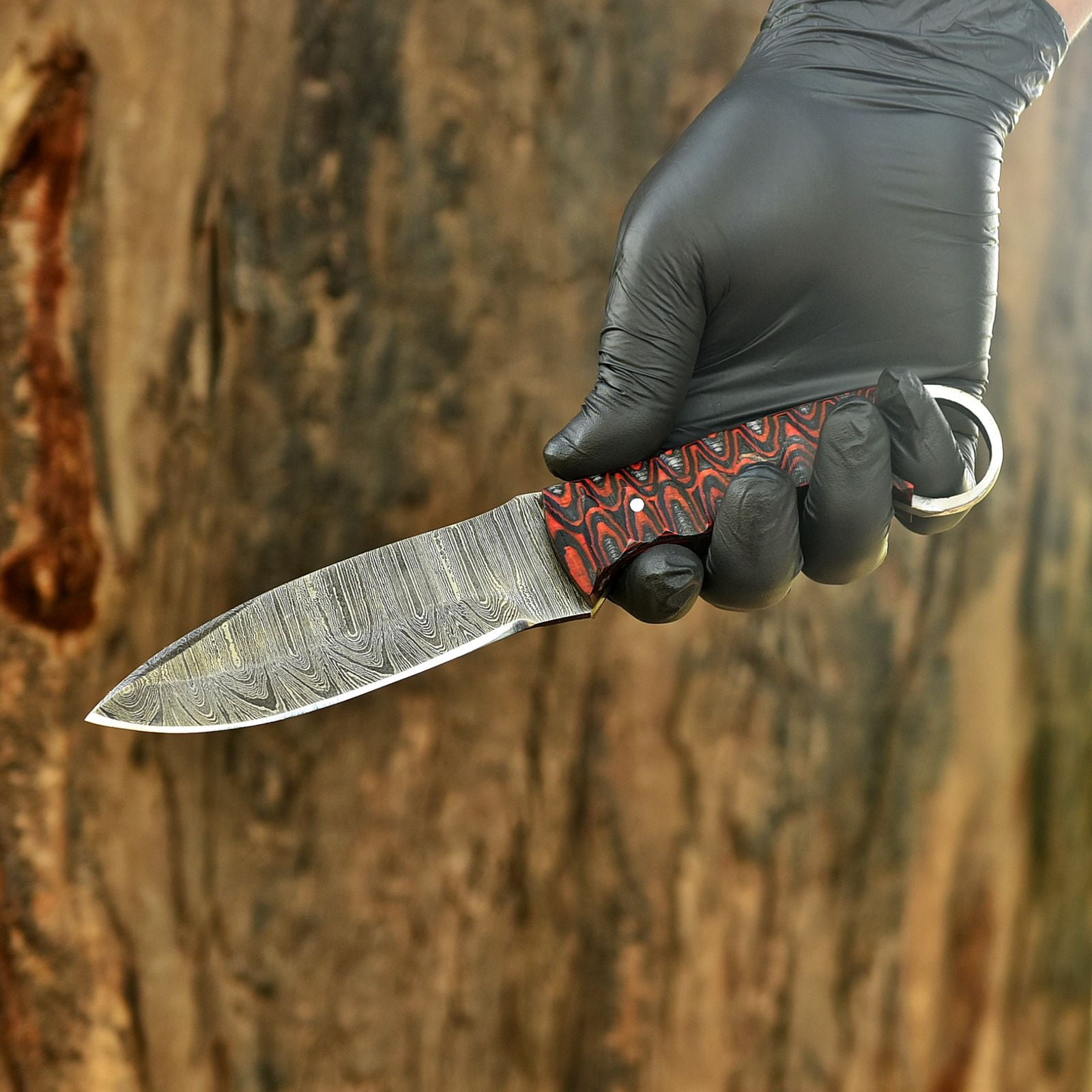 Damascus Steel Hunting Knife with Wooden Handle & Finger Ring, Fixed Blade Knife with Leather Sheath, Outdoor Camping Survival Knife