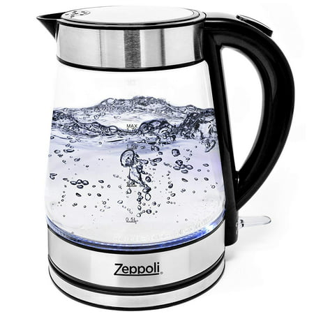 Zeppoli Electric Kettle - Glass Tea Kettle (1.7L) Fast Boiling and Cordless, Stainless Steel Finish Hot Water Kettle – Hot Water Dispenser - Glass Tea Kettle, Tea