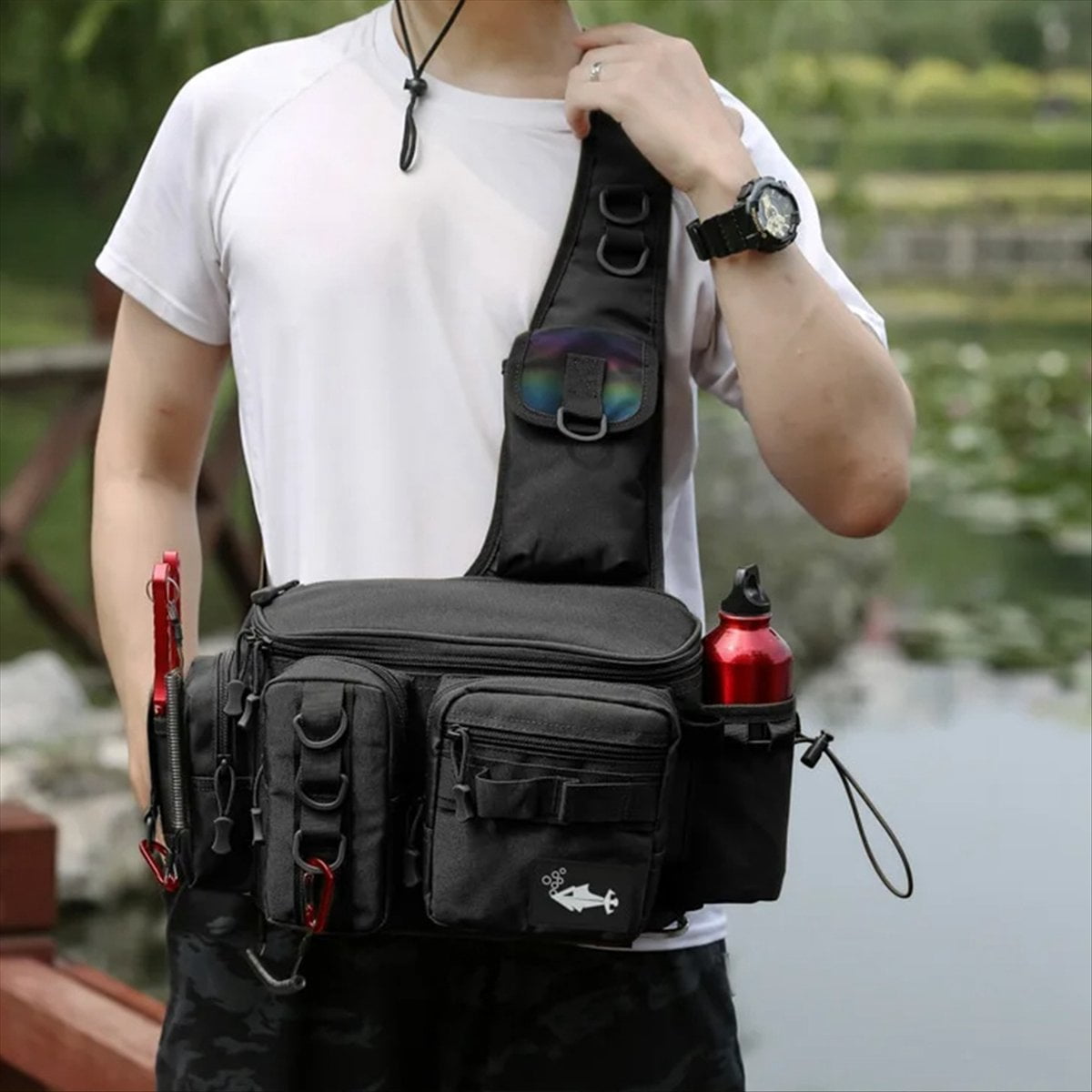 Fishing Tackle Backpack Lure Box Gear Storage Bag Fanny Pack Fly Fishing Backpack with Rod Holder Sling Shoulder Bag-C