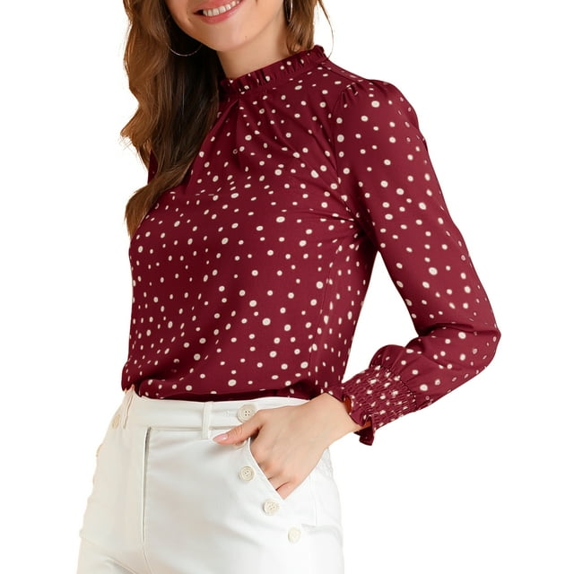 INSPIRE CHIC Blouse Imprimée à Col Montant Volanté à Smocks à Manches Longues pour Femme m Rouge Vin à Pois