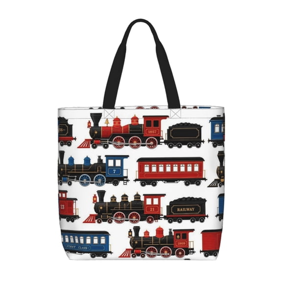 Vintage Train Engine Pattern Tote Bag Reusable Shoulder Handbag Top Handle Purse for Shopping Work